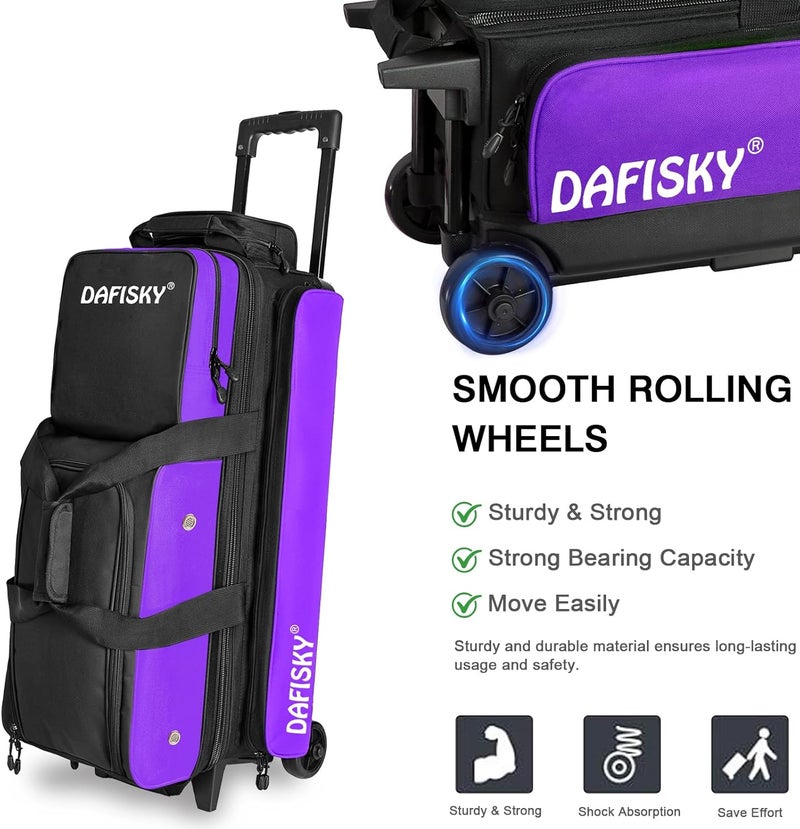 DAFISKY 3 ball bowling bags with wheels, bowling ball bag 3 ball roller with Multiple Pockets Retractable Handle - Image 3